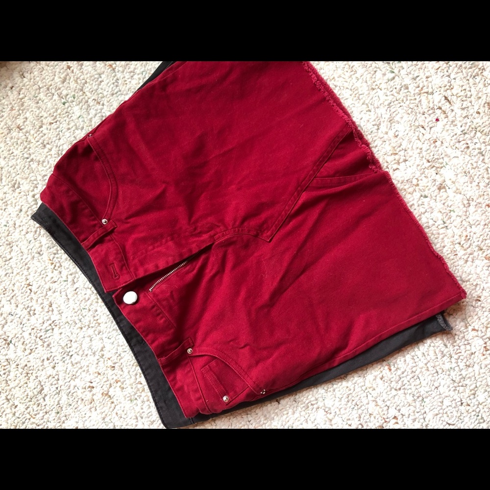 Red mini jean skirt
